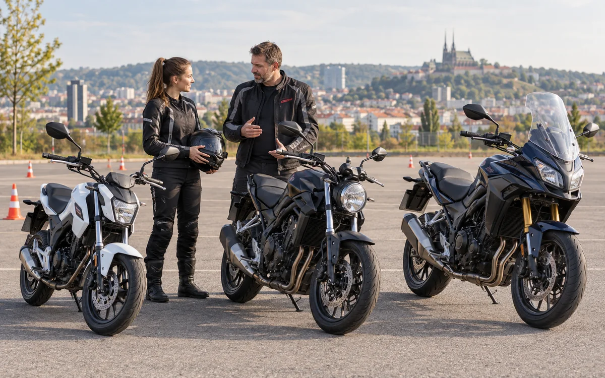 Žákyně a instruktor u tří různých motocyklů na cvičišti